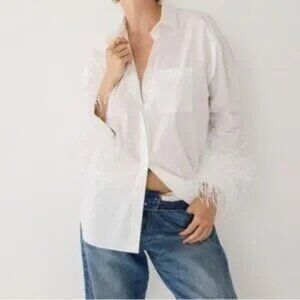J. Crew Collection Blouse Feather-Trim Button Down Cotton Poplin Shirt NWT